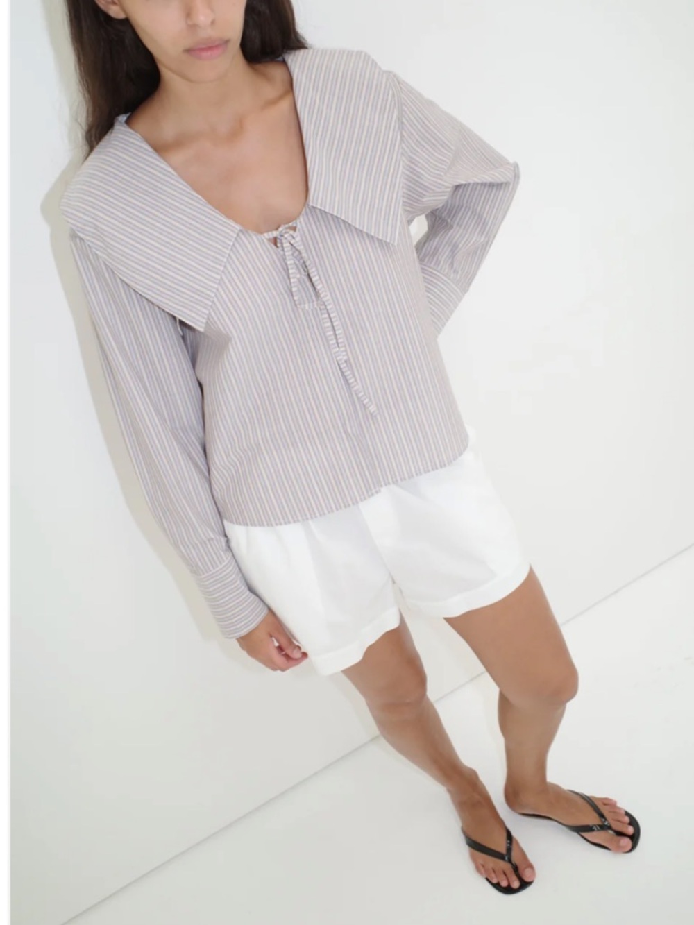 Deiji Studios Collared Tie Shirt in Seas Stripe Size Large - Picture 11 of 14